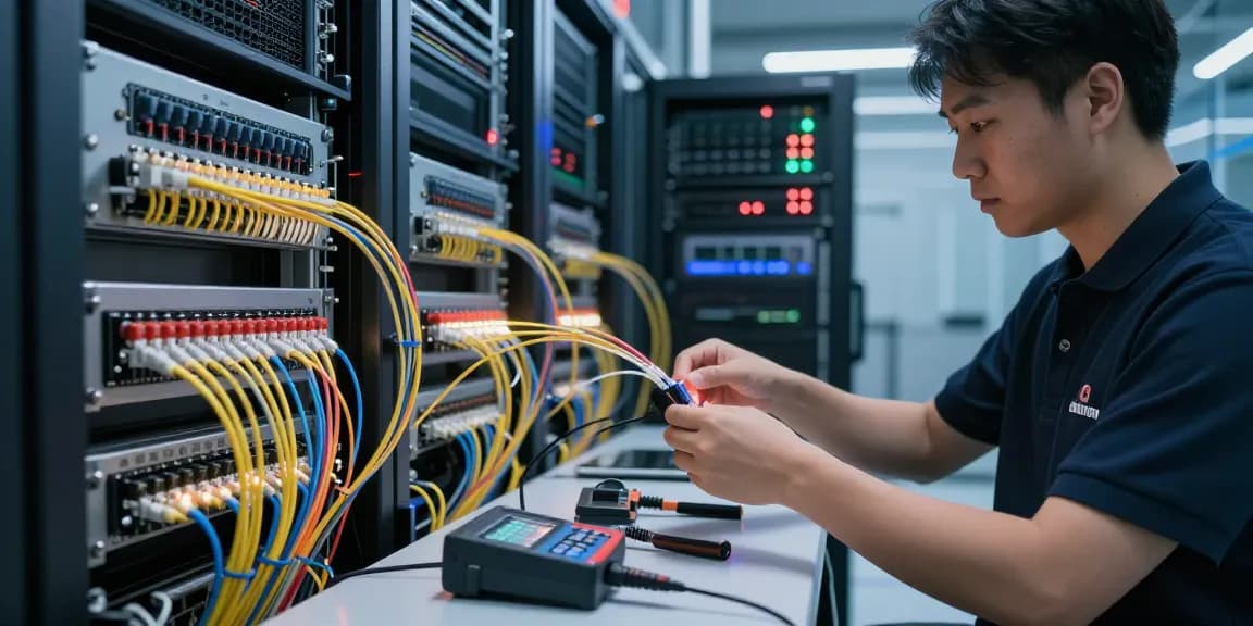 Technician organizing optical fiber optic cables in a modern data center, ensuring high-performance connectivity.