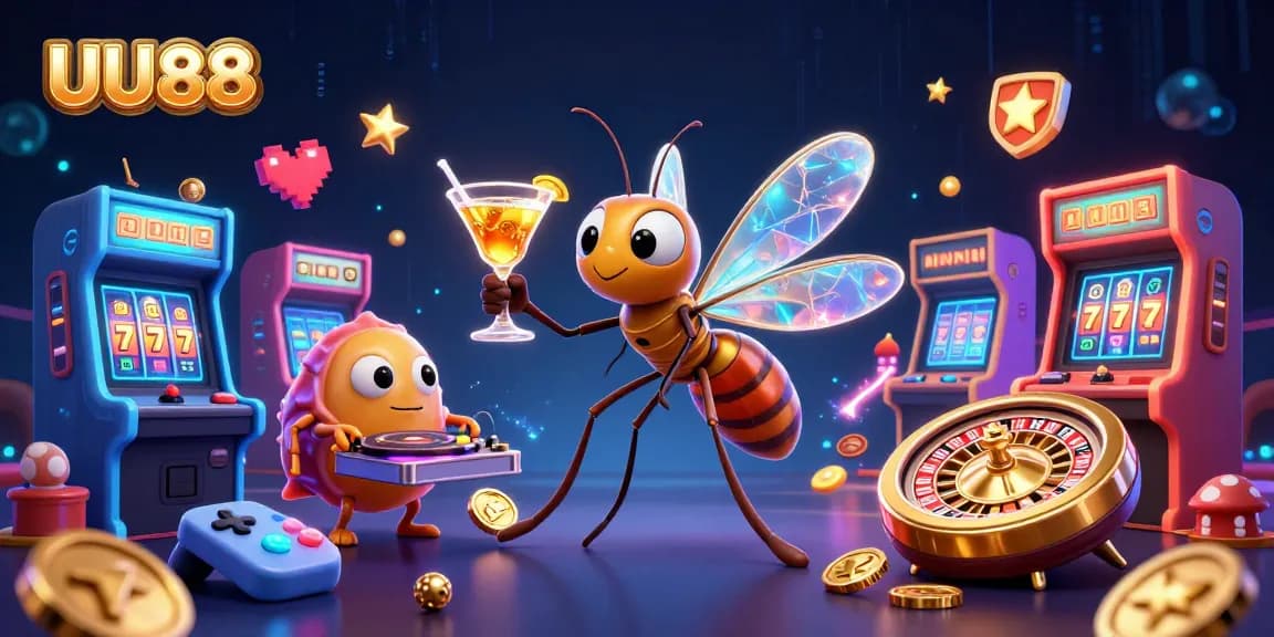 Experience thrills at UU88 with a vibrant casino scene featuring dynamic characters and game elements.