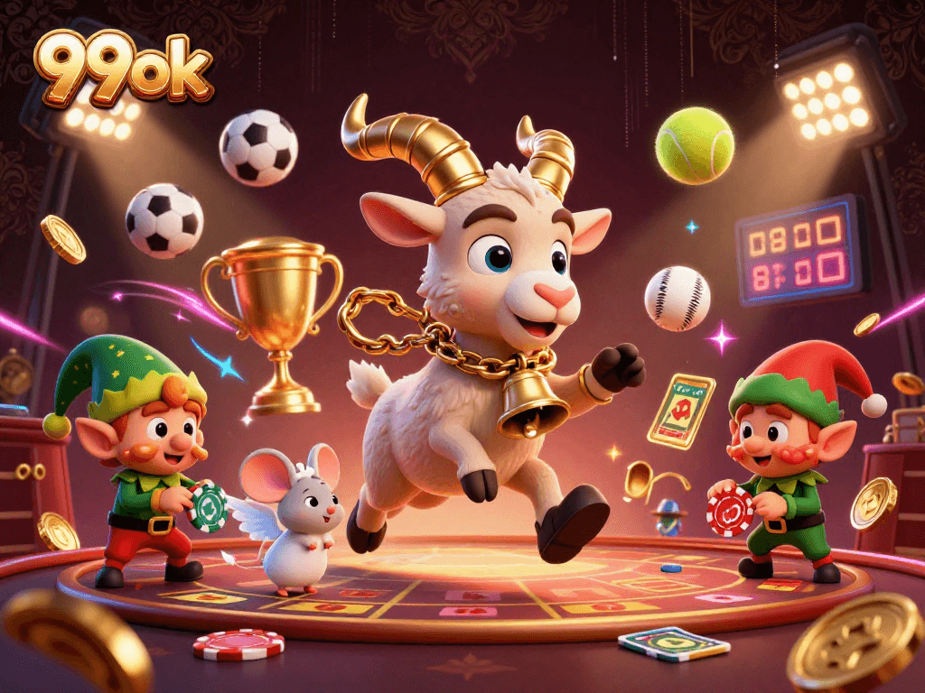 Experience the thrills of 99ok with Krampus in a haunted casino, surrounded by flying sports elements.