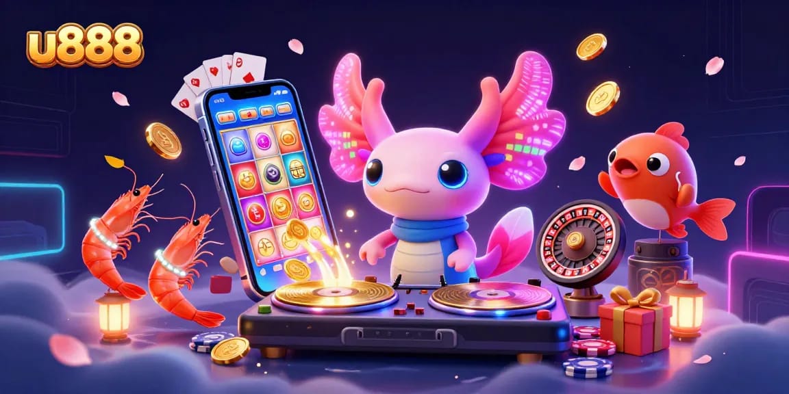 Experience the vibrant world of u888 with a neon axolotl DJ in this dynamic 3D casino scene.