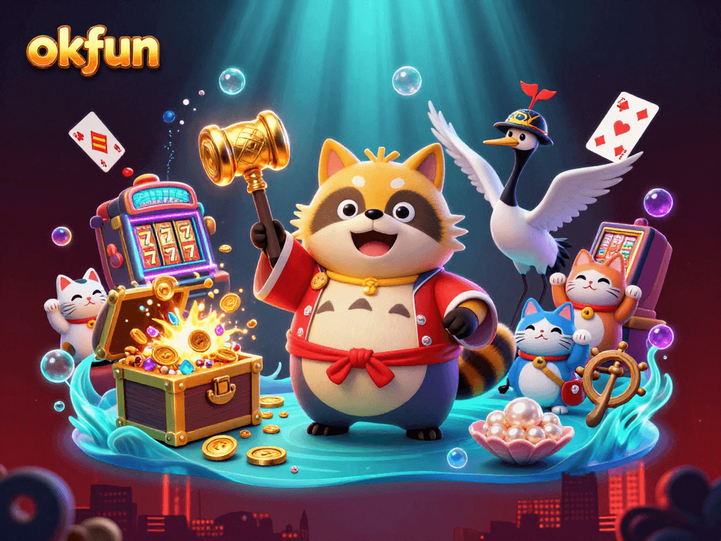 Engaging okfun scene with cartoon tanuki, slot machines, and lucky cats in a vibrant casino environment.