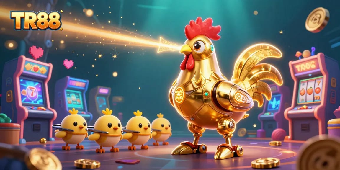 Engage with TR88's vibrant casino world featuring golden rooster robots and arcade game elements.