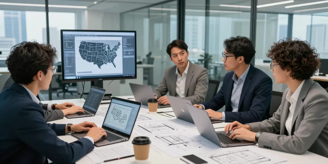 Engineers collaborating on Engineering Services USA projects in modern office.