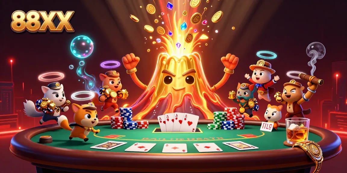 Experience the excitement of 88XX with treasure-filled volcano and poker scene