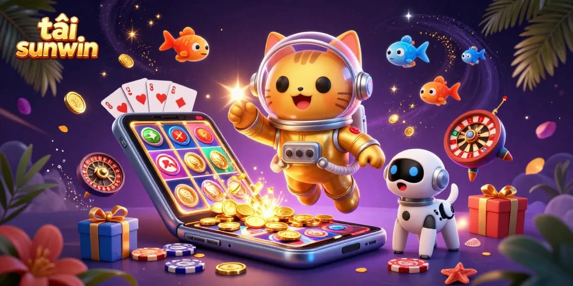 Spin the slots and win with tải sunwin featuring a 3D space cat and vibrant casino elements.
