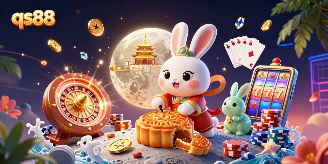 Engage with qs88 at the lively casino scene featuring the moon rabbit and vibrant game elements.