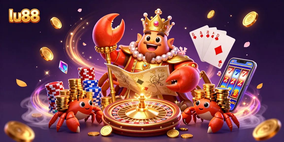Witness lu88's spectacular gaming extravaganza with a golden crab emperor and vibrant casino elements.