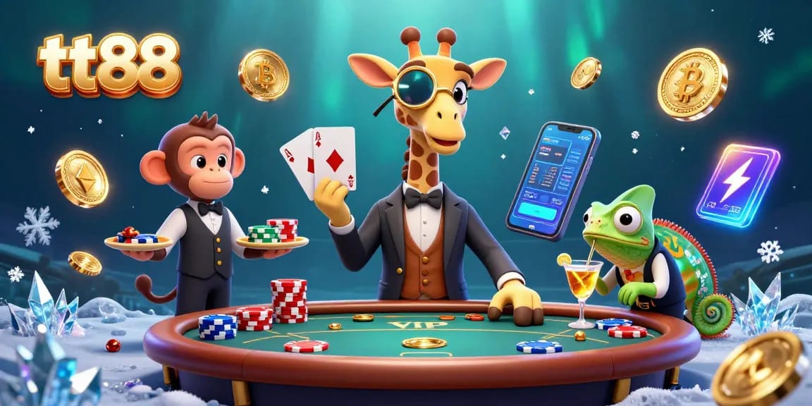Engage in thrilling poker action with tt88 at a vibrant 3D cartoon casino featuring unique characters and animations.