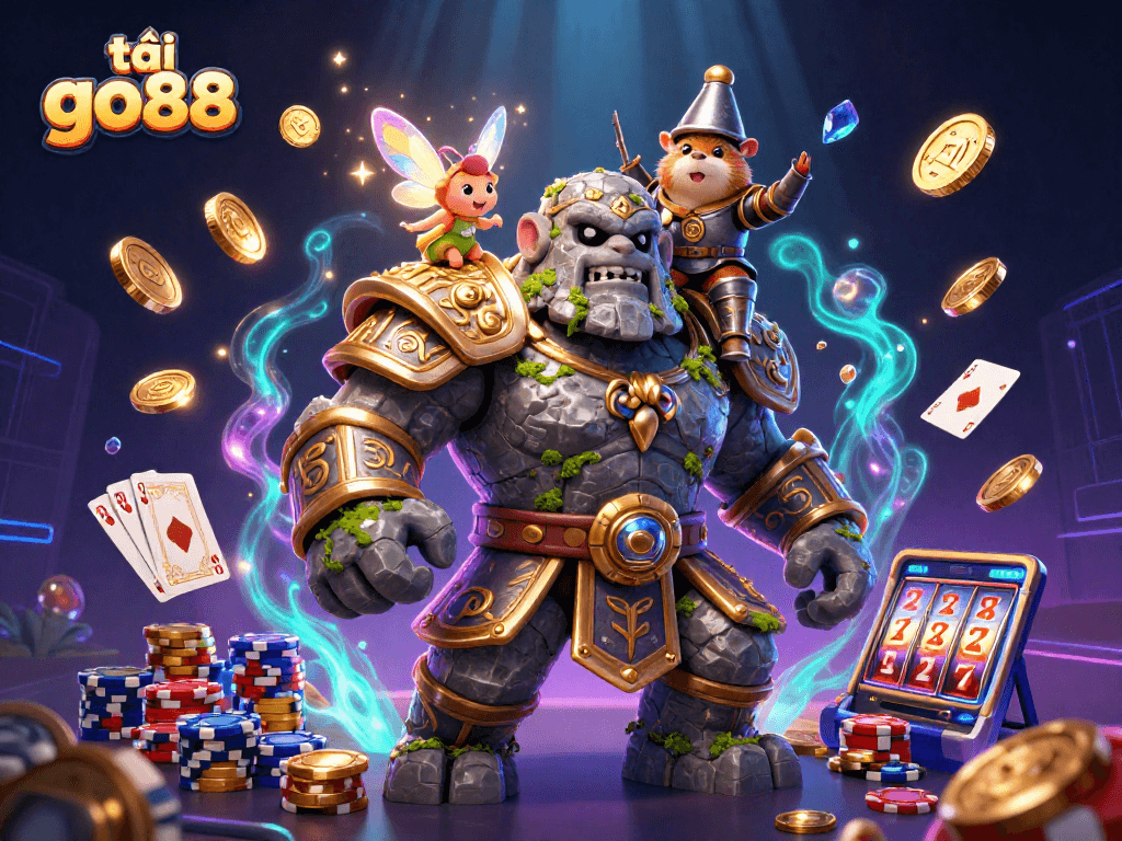 Tải go88 and win with cascading golden coins and sparkling gems in this vibrant casino illustration.