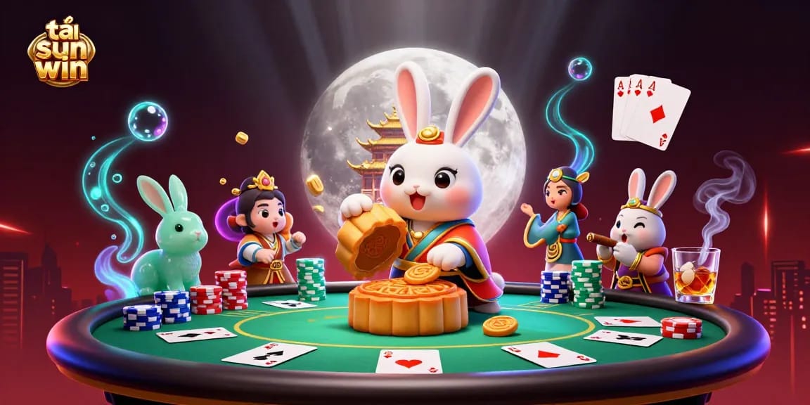 Engage in the exciting world of tải sun win with a vibrant 3D casino scene showcasing poker elements and traditional motifs.