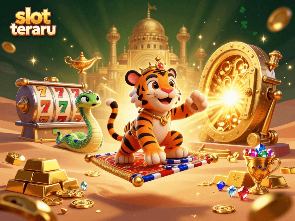 Spin the reels on slot terbaru with a vibrant casino-themed illustration featuring riches and rewards.