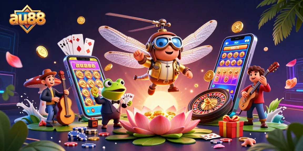 Play exciting games at au88, featuring a lively casino scene with colorful slot games and engaging characters.