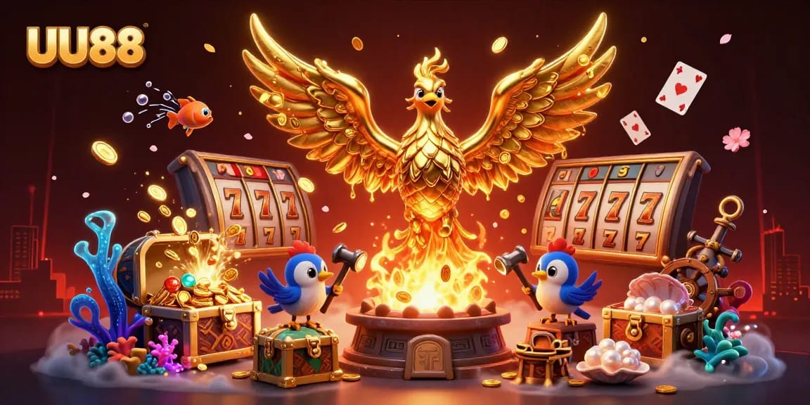 Experience the dynamic world of UU88 with a golden phoenix and spectacular casino elements.