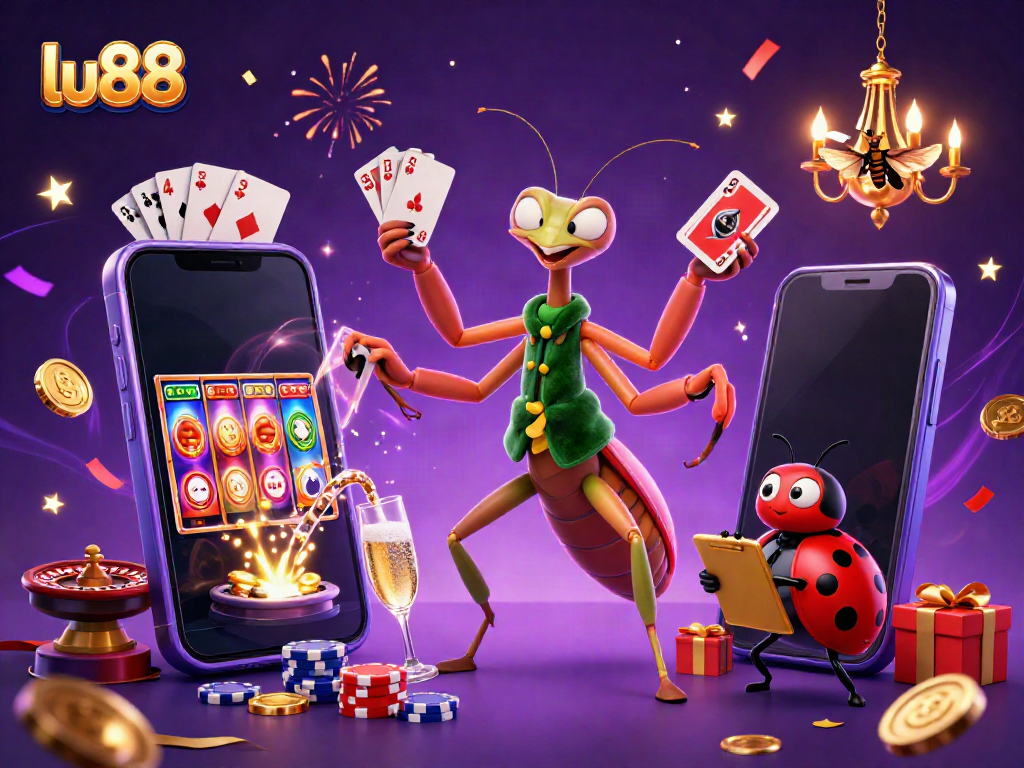 Experience the excitement of lu88 with a vibrant 3D illustration of a lively casino scene filled with characters and game elements.