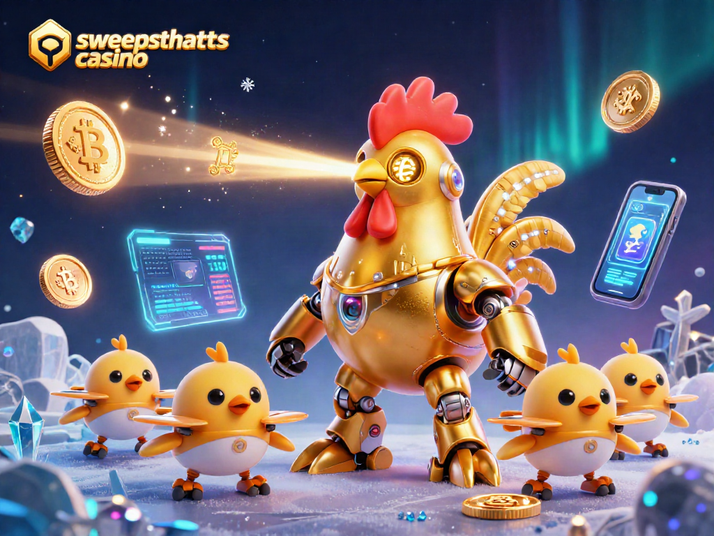 Sweepstakes casino adventure featuring a golden rooster robot and baby chick drones amidst glowing crypto elements.