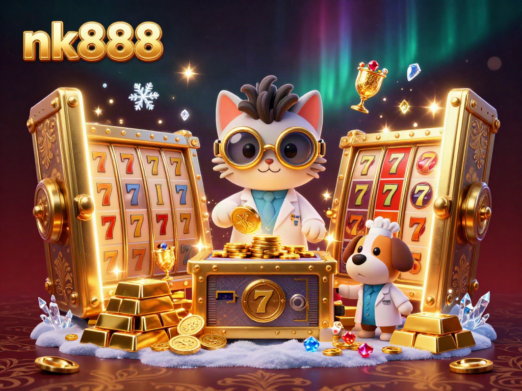 Engage in thrilling gameplay at nk888 with an illustration of a mad scientist cat and dog creating a gold-coin machine surrounded by casino treasures.