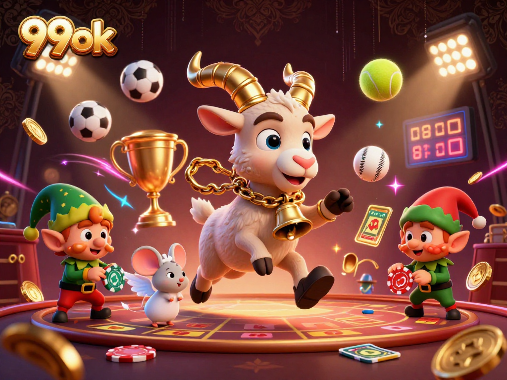 Experience the thrills of 99ok with Krampus in a haunted casino, surrounded by flying sports elements.