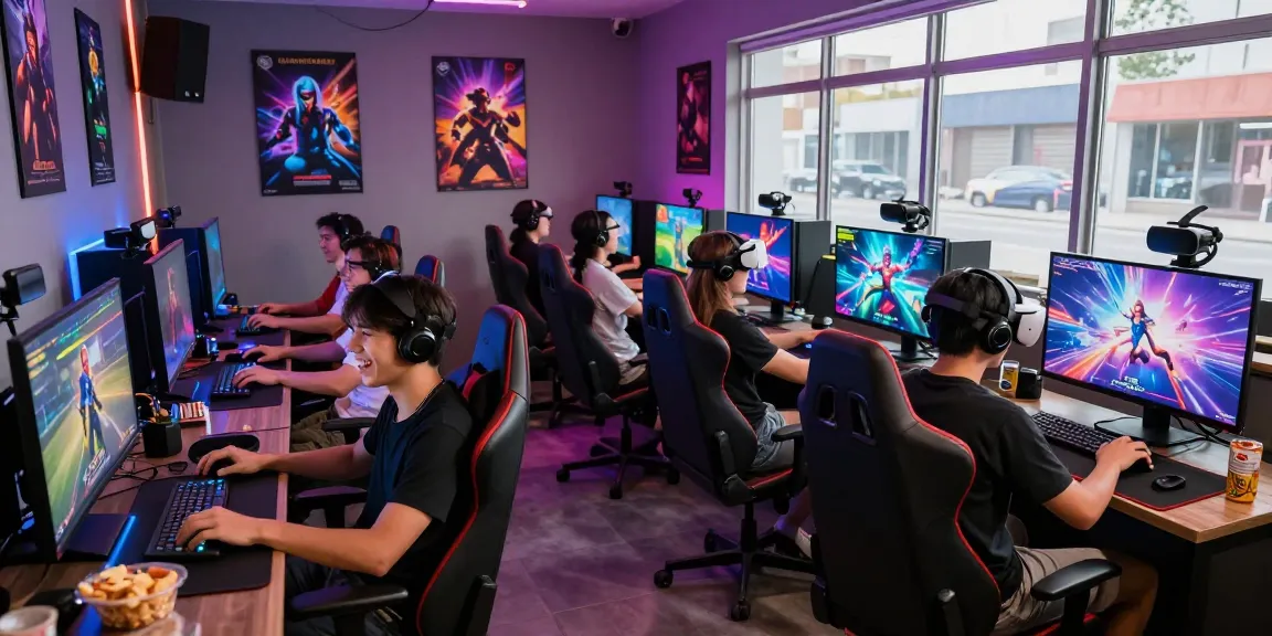 Enjoy friends playing porno games together in a vibrant gaming lounge.