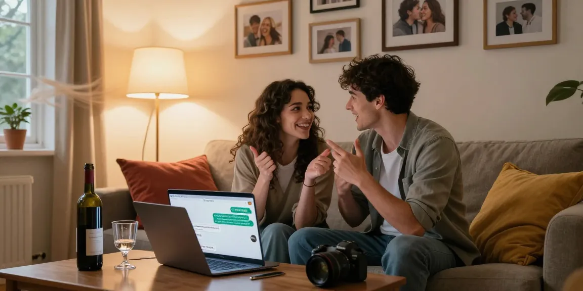 Couple interacting through sex ai in a cozy living room setting.