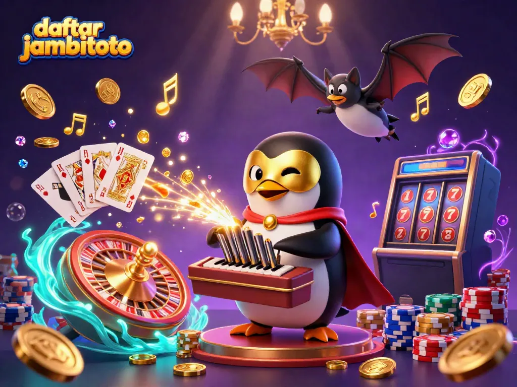 Engage in thrilling casino action with daftar jambitoto featuring a penguin organ player and bat acrobat.