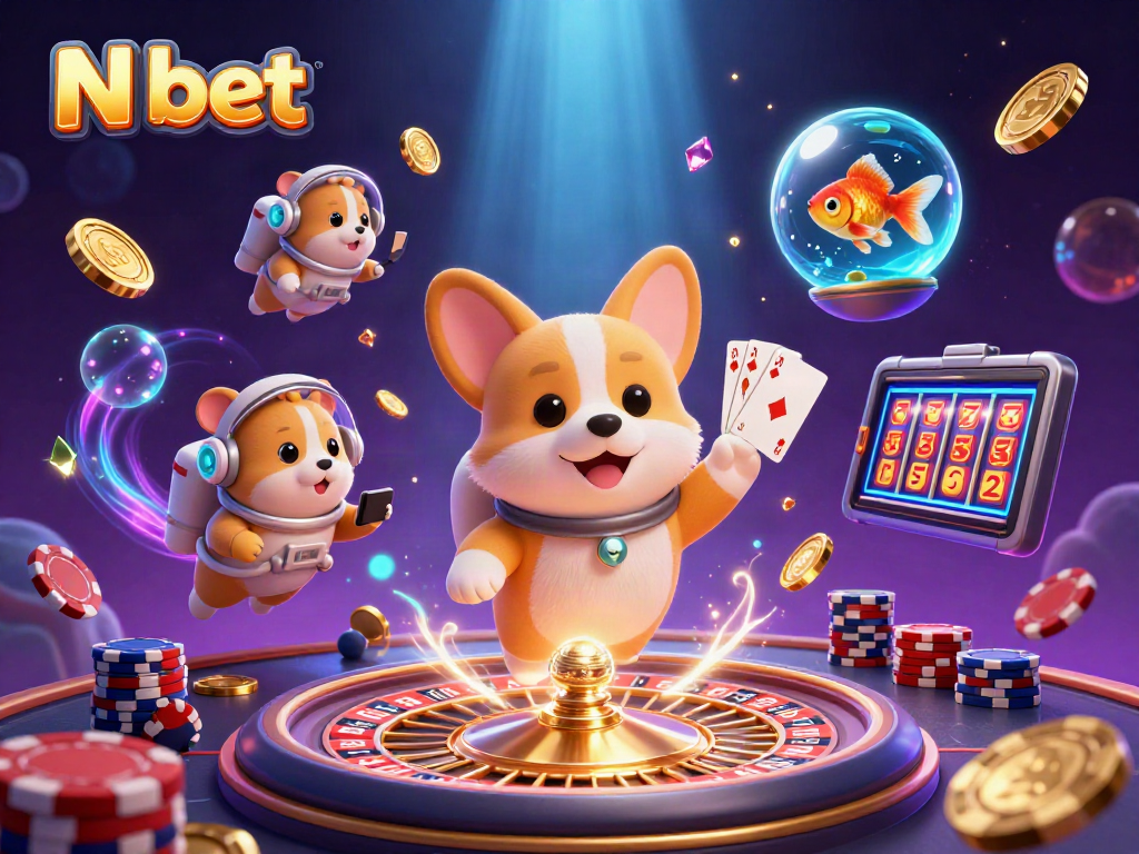 Engage with N bet's dynamic casino world, featuring a corgi in space with poker chips and coins.