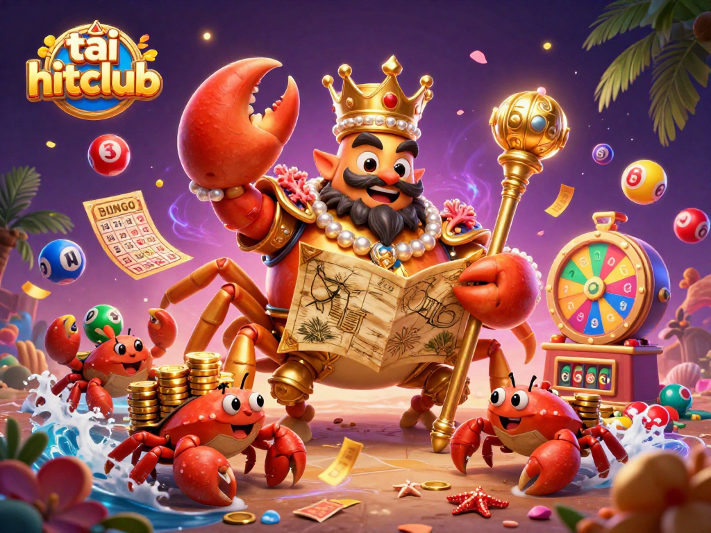 Engage in the thrill of tải hitclub with vibrant lottery balls and golden treasures swirling around a majestic crab emperor.