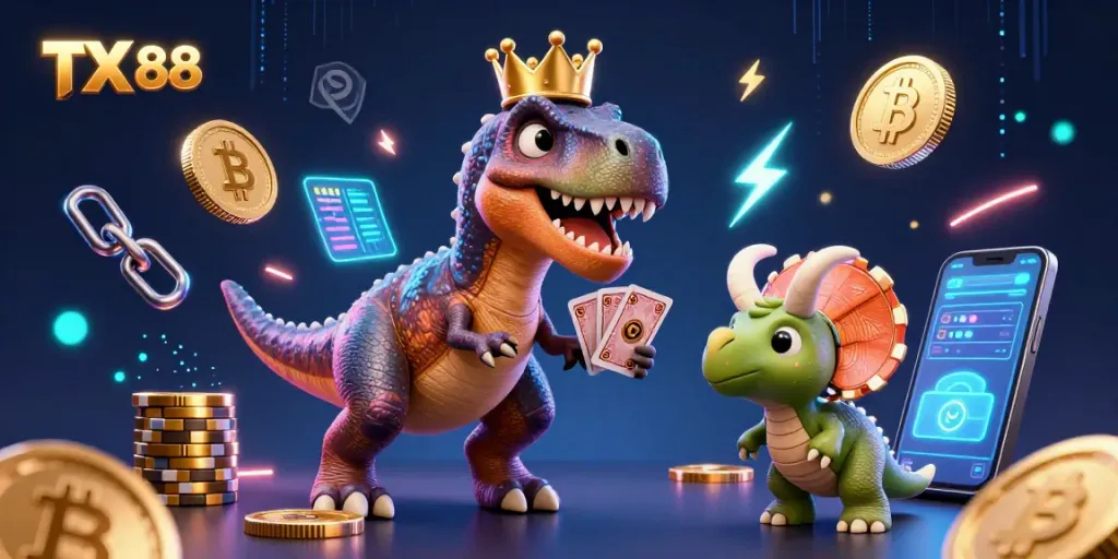 Engage in thrilling gameplay at TX 88 with vibrant cartoon dinosaurs and glittering casino elements.