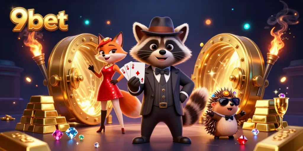 Experience winning excitement with 9bet in a lavish live casino scene showcasing characters and treasures.
