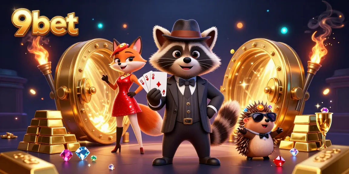 Experience winning excitement with 9bet in a lavish live casino scene showcasing characters and treasures.