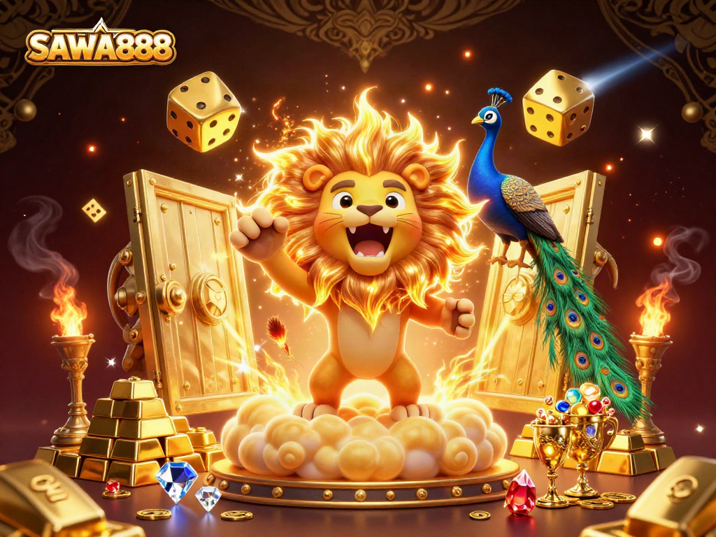 SAWA888 reveals a vibrant 3D casino scene featuring a roaring sun lion and golden dice.