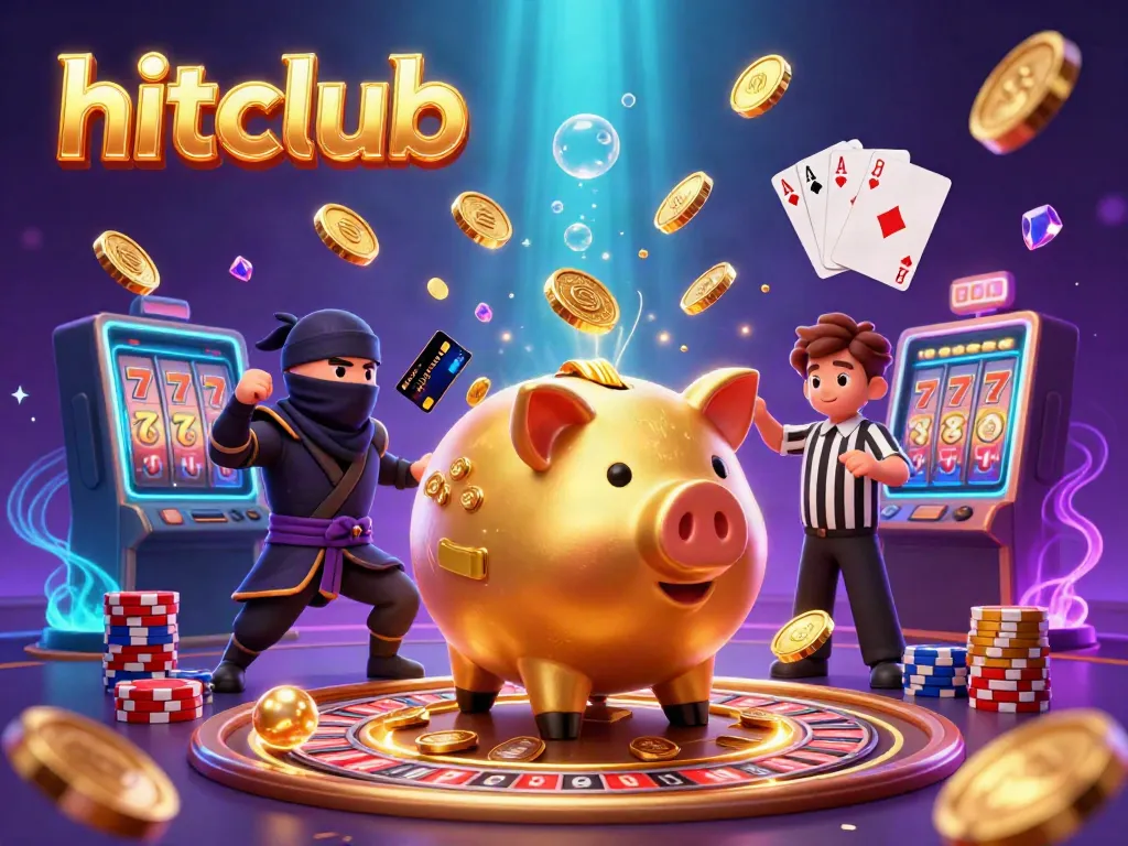 Celebrate wins with hitclub's vibrant casino adventure featuring golden piggy banks and high-stakes gambling elements.
