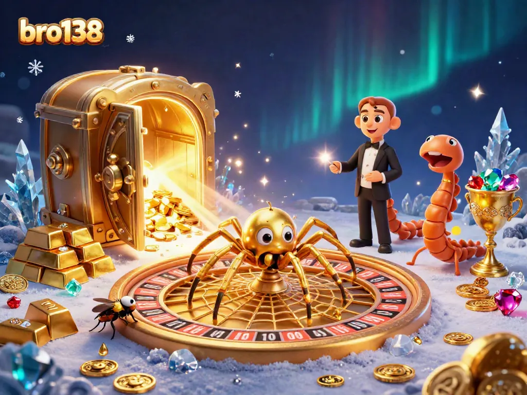 Experience thrilling gaming with bro138's 3D illustration of epic casino action featuring a roulette wheel and vibrant treasures.