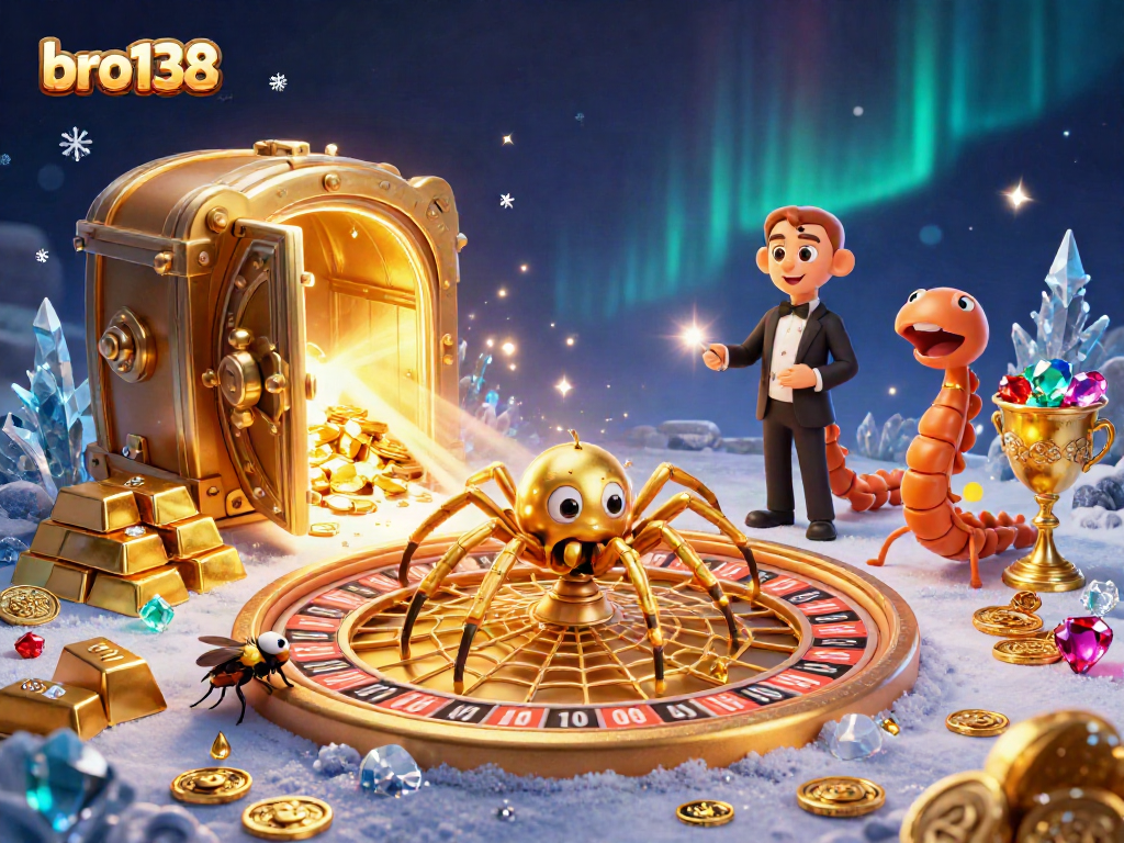 Experience thrilling gaming with bro138's 3D illustration of epic casino action featuring a roulette wheel and vibrant treasures.