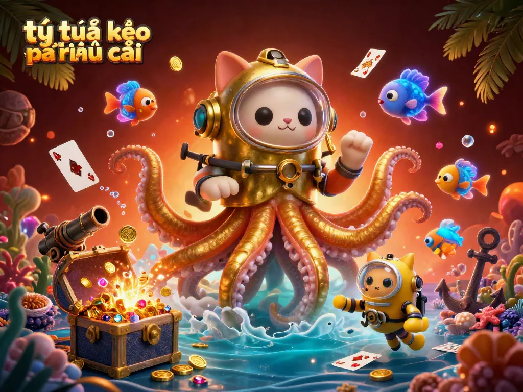 Experience engaging tỷ lệ kèo nhà cái dynamics with a kraken, diving cat, and glowing sea creatures in a vibrant casino-themed illustration.