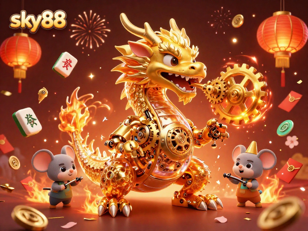 Experience exhilarating gaming with sky88's golden dragon and vibrant celebration elements.