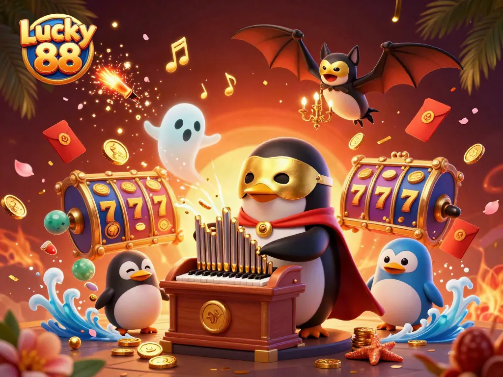 Play Lucky 88 with thrilling slot reels and vibrant golden coins, an elegant casino scene.