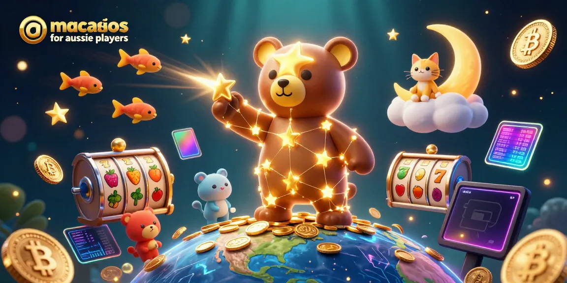 Engage with mac casinos for aussie players in a dynamic 3D illustration featuring constellation bear and vibrant casino elements.