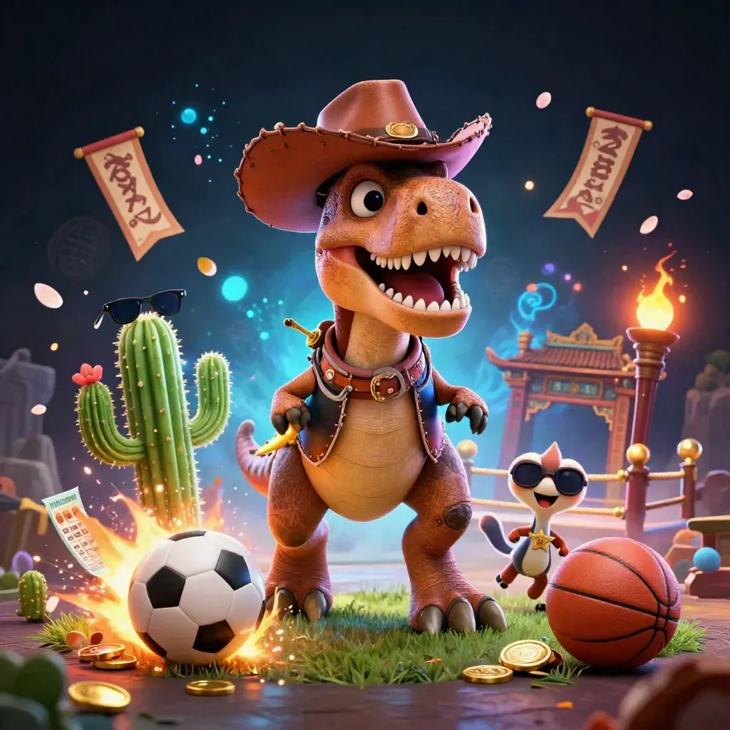 Cartoon cowboy T-Rex, cactus, and roadrunner amid casino sports chaos and neon particles