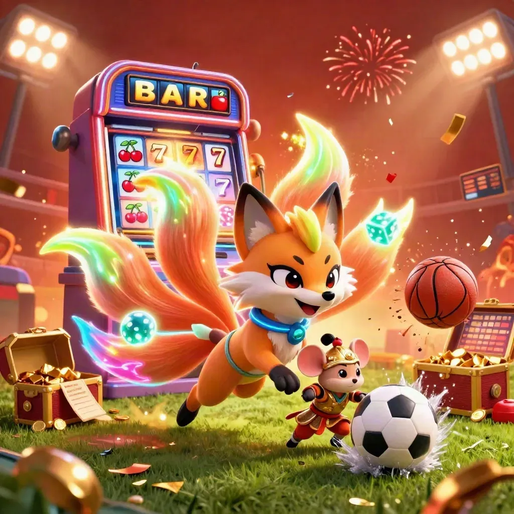 Neon fox spirit and samurai mouse amid slot burst, balls, dice, and ember-lit casino chaos.