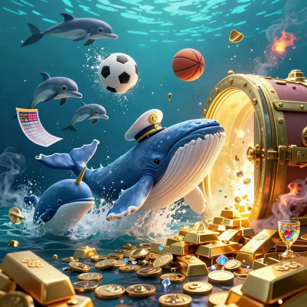 Whale, narwhal and dolphins burst through coins with vault light and neon sports props.