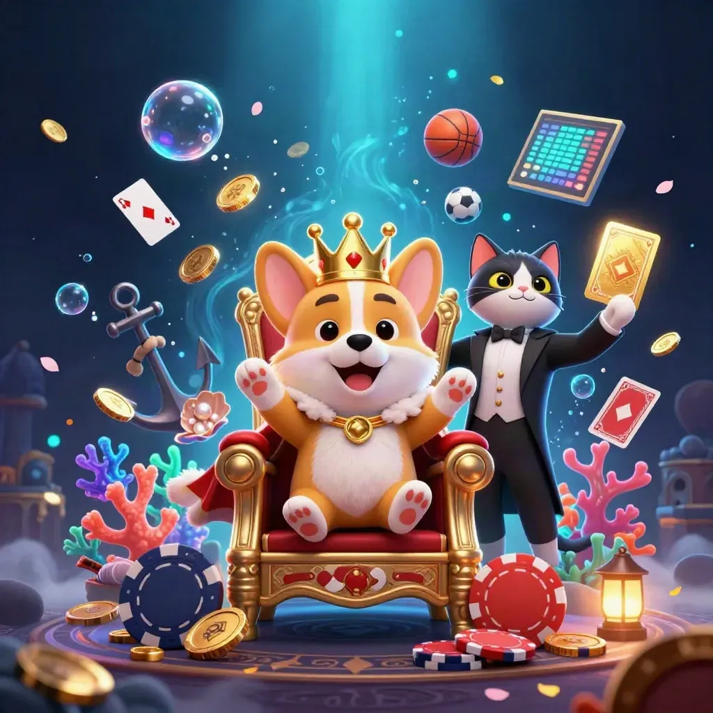 Royal corgi and cat butler in a neon treasure cove with coins, coral, cards, and casino props.