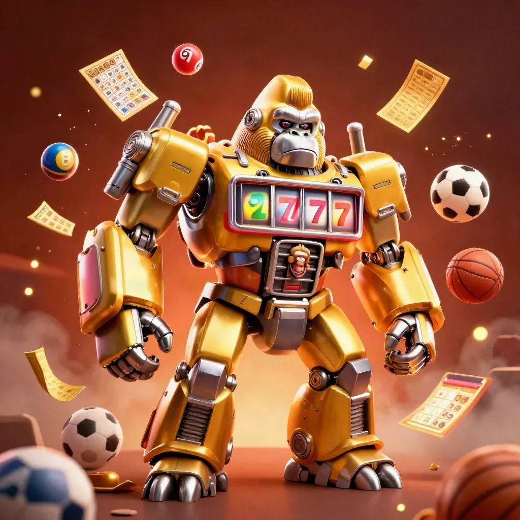 Golden gorilla mech with slot reels and flying casino props in a neon sports burst.