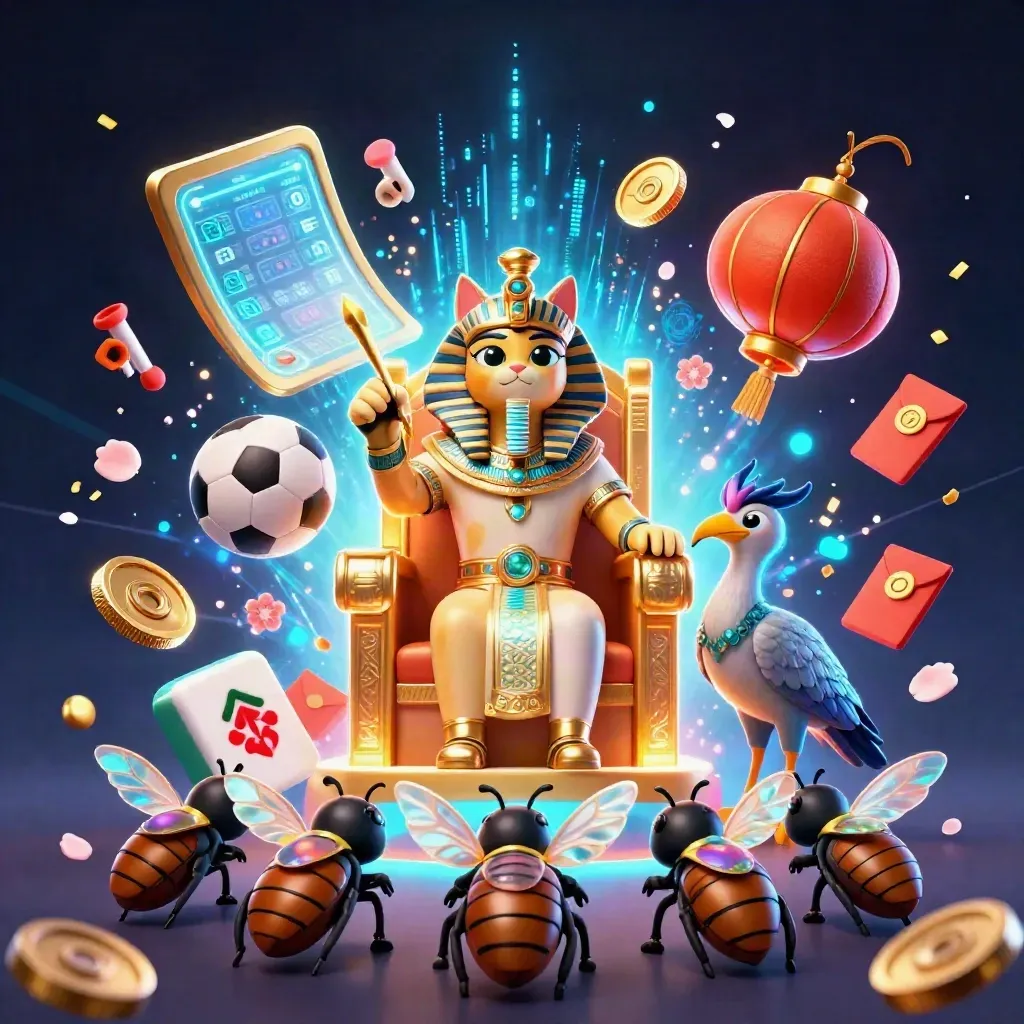 Pharaoh cat on golden throne, ibis scribe and scarabs amid neon casino sports icons.