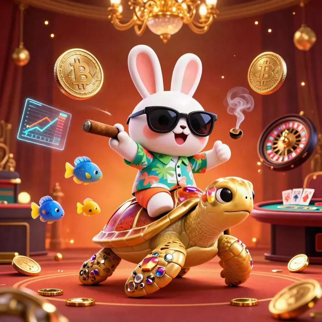 Cartoon rabbit on golden sea turtle amid neon casino glow, coins, charts, fish, and roulette light