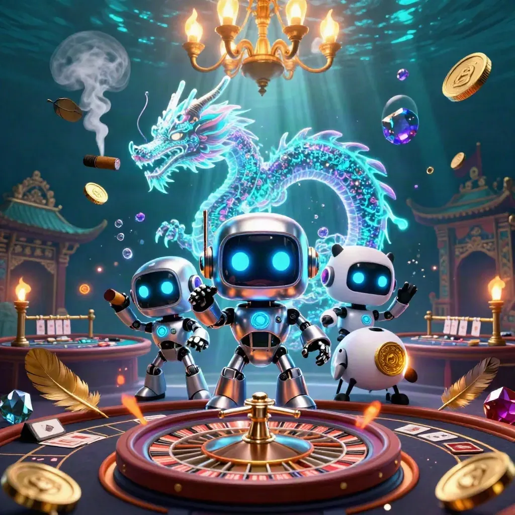 Cyberpunk robot, holographic dragon, and coin drone in a neon casino with roulette, cards, and bubbles.