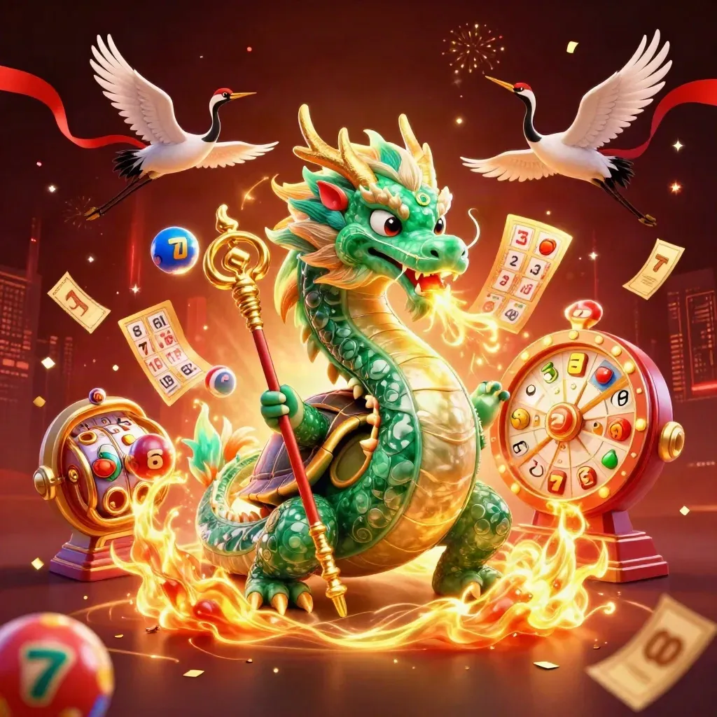 Jade dragon, turtle sage, and cranes amid casino bursts, neon lights, confetti, and fireworks.
