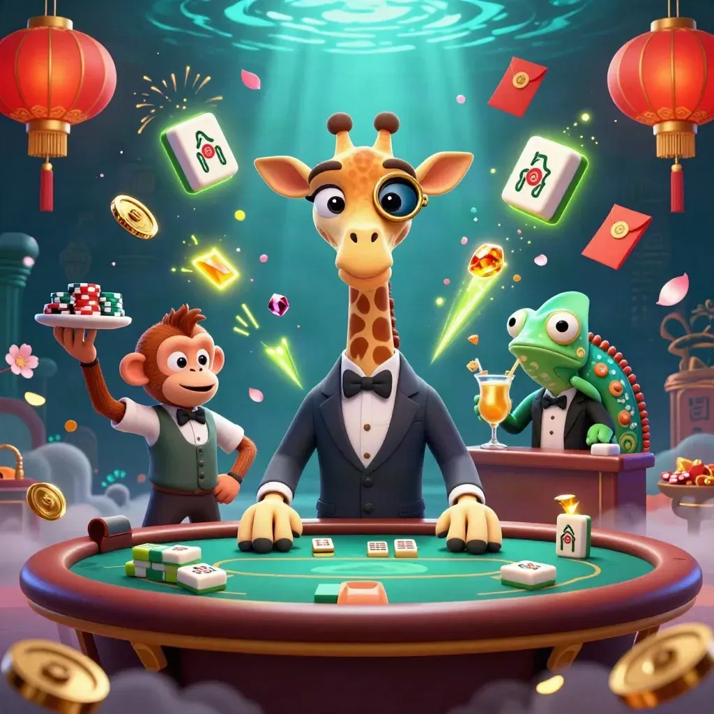 Giraffe, monkey, and chameleon at a neon VIP poker table amid lanterns, coins, and petals.