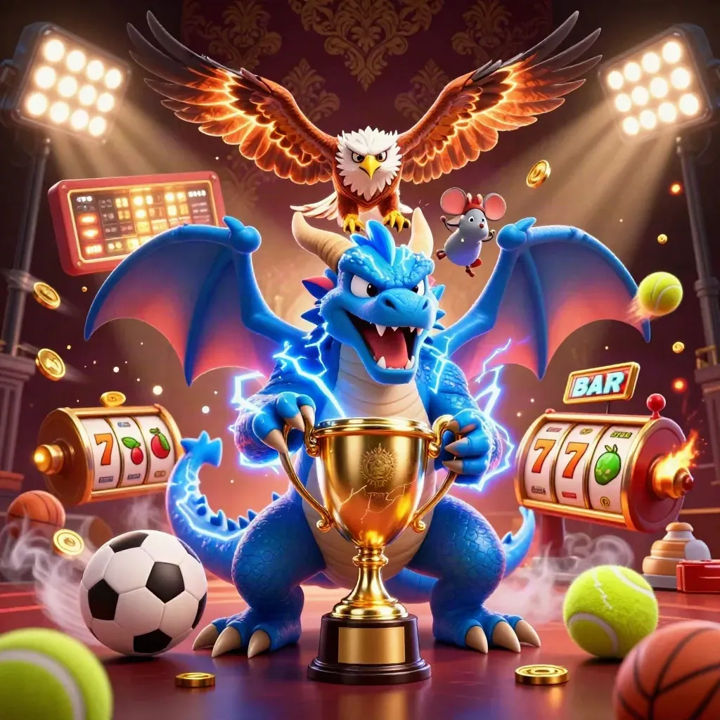 Thunder dragon, hawk, and static mouse burst amid casino loot, sports balls, and neon blue lightning.