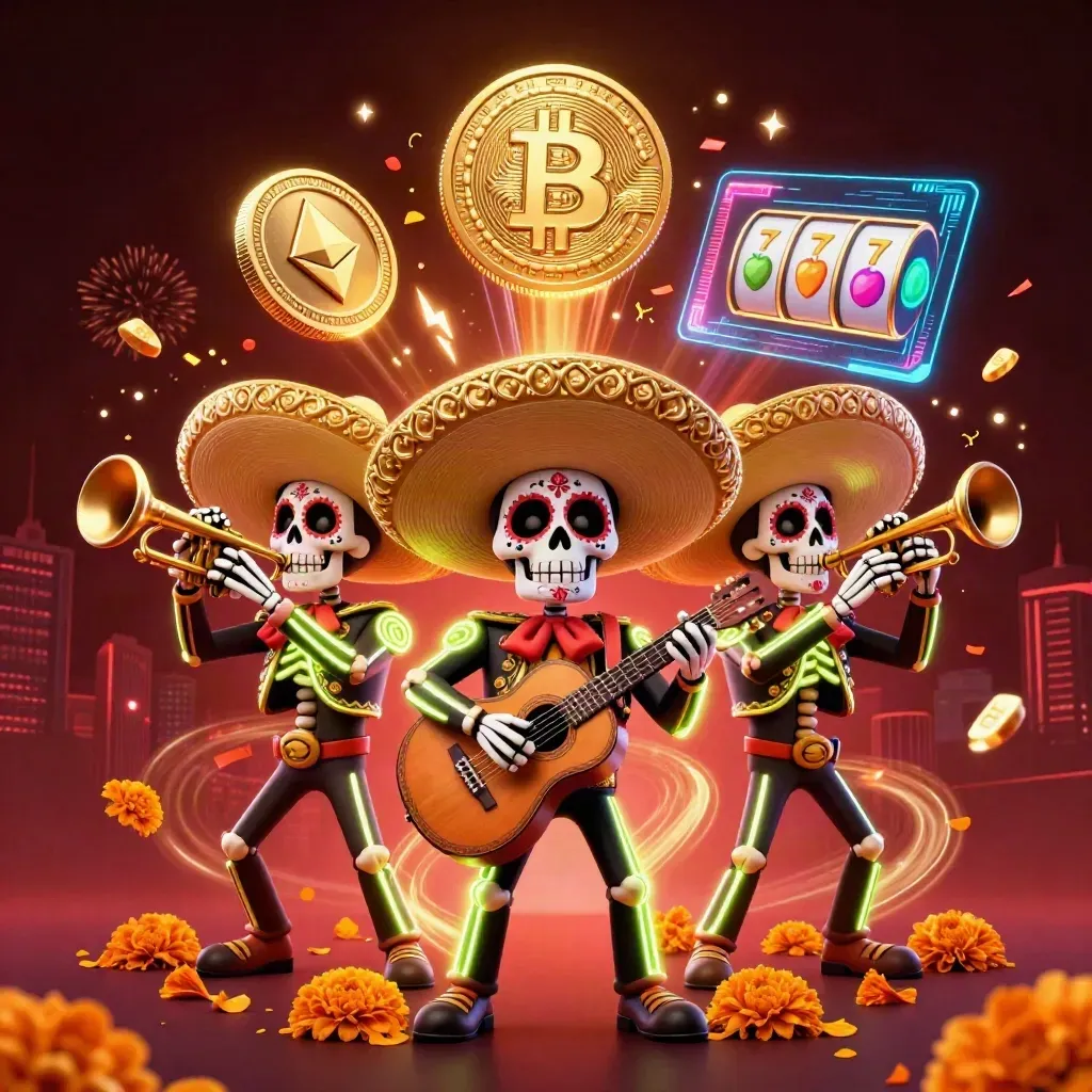 Day-of-the-Dead mariachi skeleton trio amid neon coins, fireworks, and casino energy