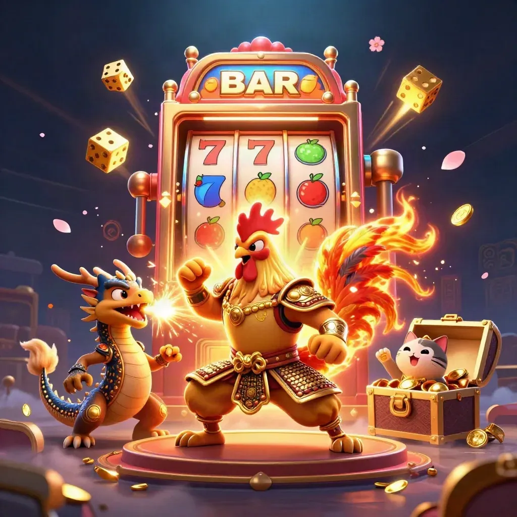Rooster warrior, dragon hatchling and fortune-cat amid casino loot, neon lime splash art.